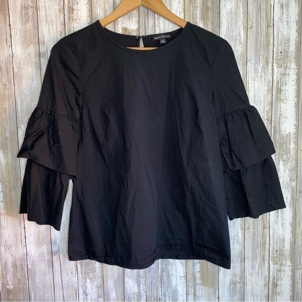 J.Crew Black Bell Sleeve Top Tiered 3/4 Sleeve Blouse Size 8 - Picture 2 of 5